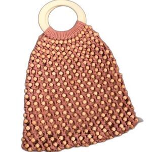 C&C CALIFORNIA MAUVE PINK BOHO MACRAME HANDBAG BEADED WOODEN  HANDLES